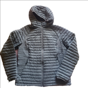 Women's Large Eddie Bauer Down Coat BROKEN ZIPPER Grey Hooded Jacket